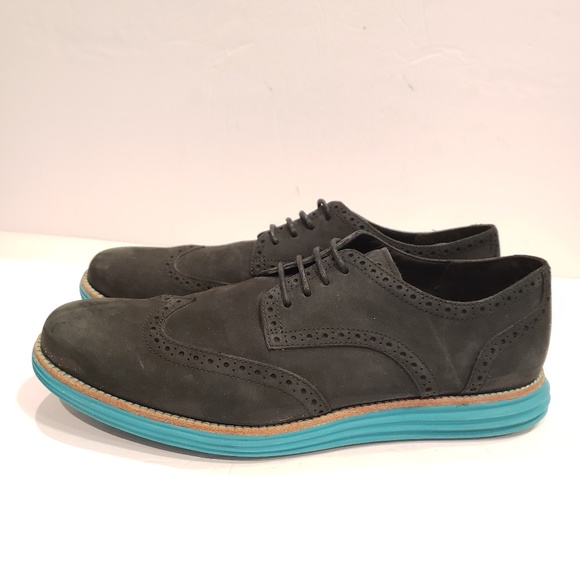 Cole Haan Mens Dress Shoes Lunargrand wingtips black suede and Tiffany blue 11.5 - Picture 1 of 7